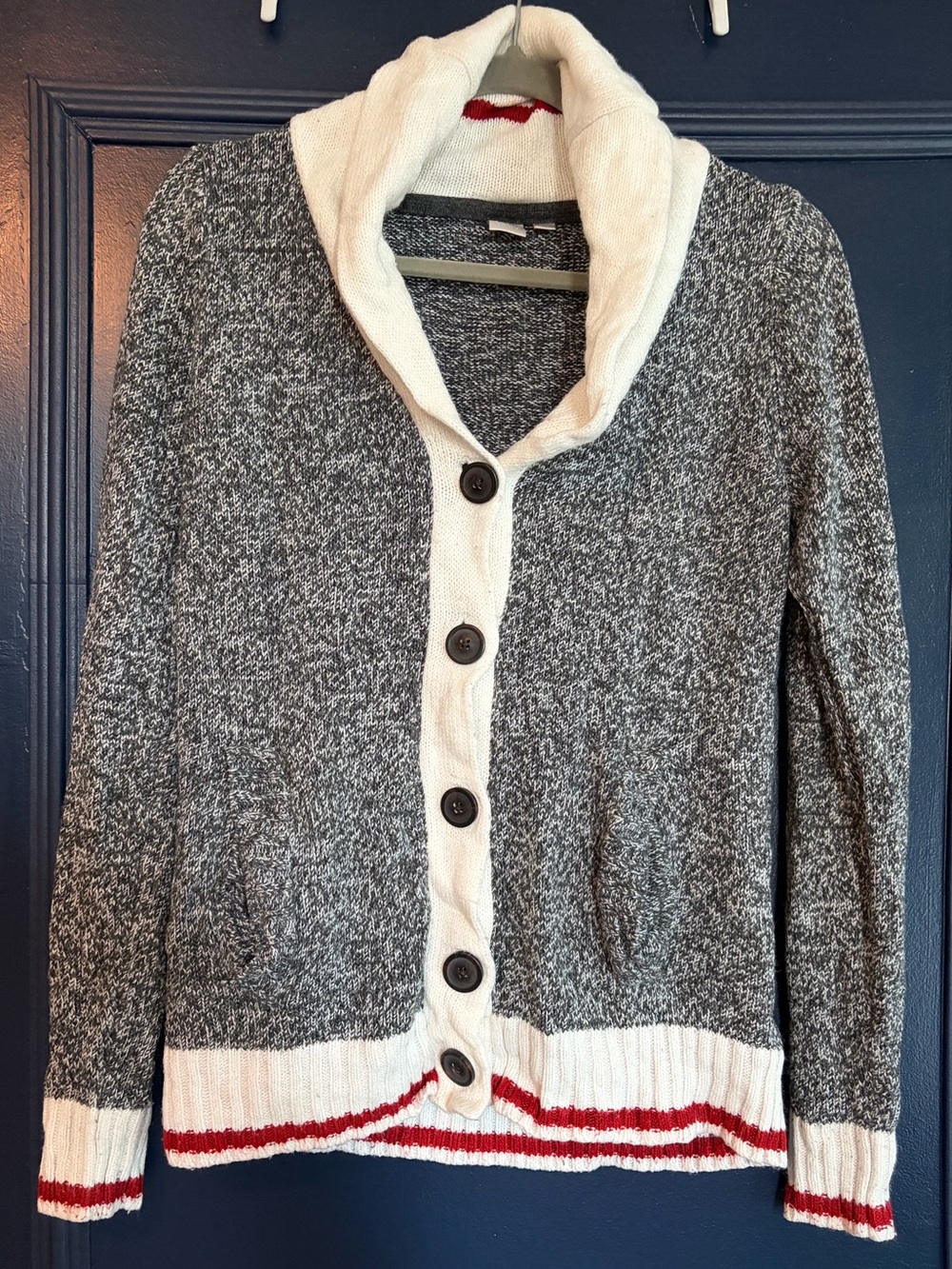 Twik Marled Knit Shawl Collar Varsity Cardigan Grey Cream Red L